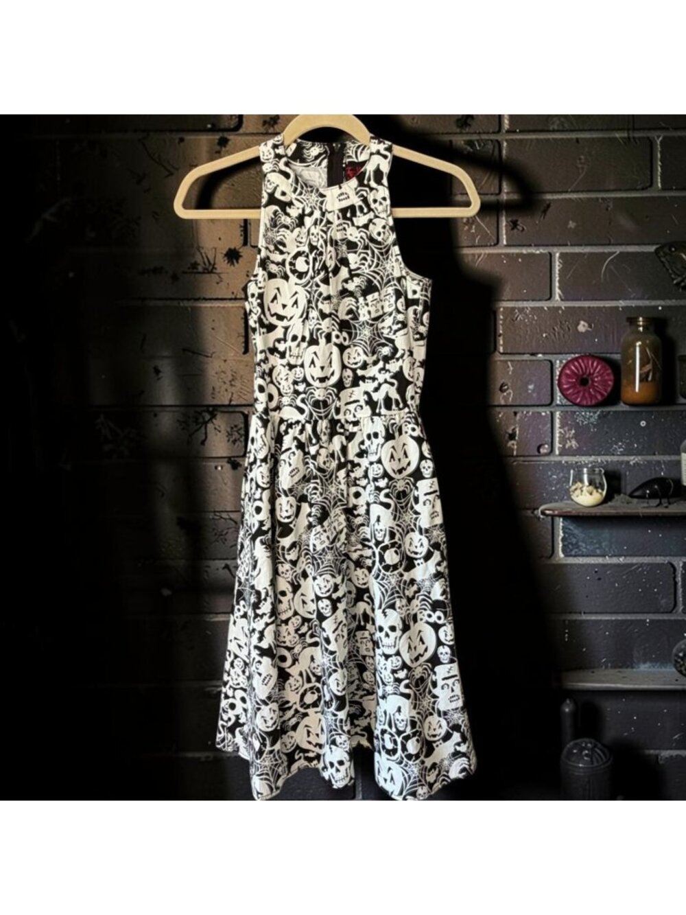 Folter Halloween Glow In Dark Haunted Dress XS Fit & Flare Skulls Bats Goth